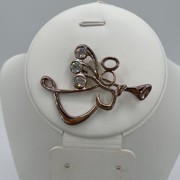 Christmas Angel Brooch Pin Angel Sounding Trumpet Silver Tone Rhinestones - Picture 3 of 5